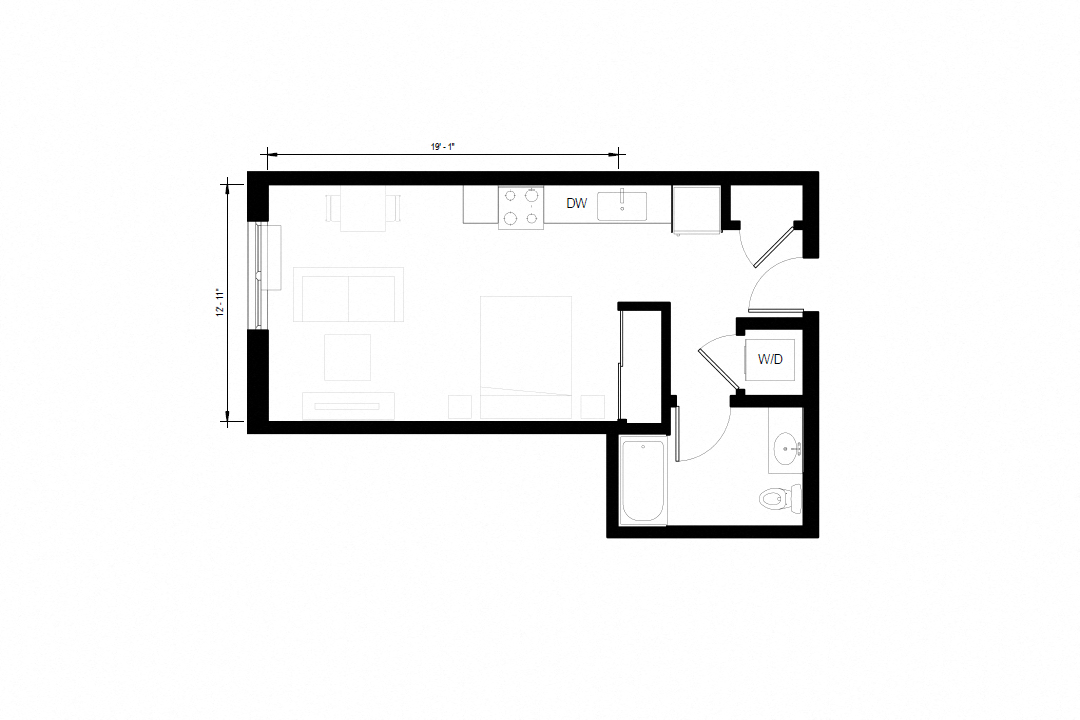 Floor plan for studio, 1 bath, 495 sqft